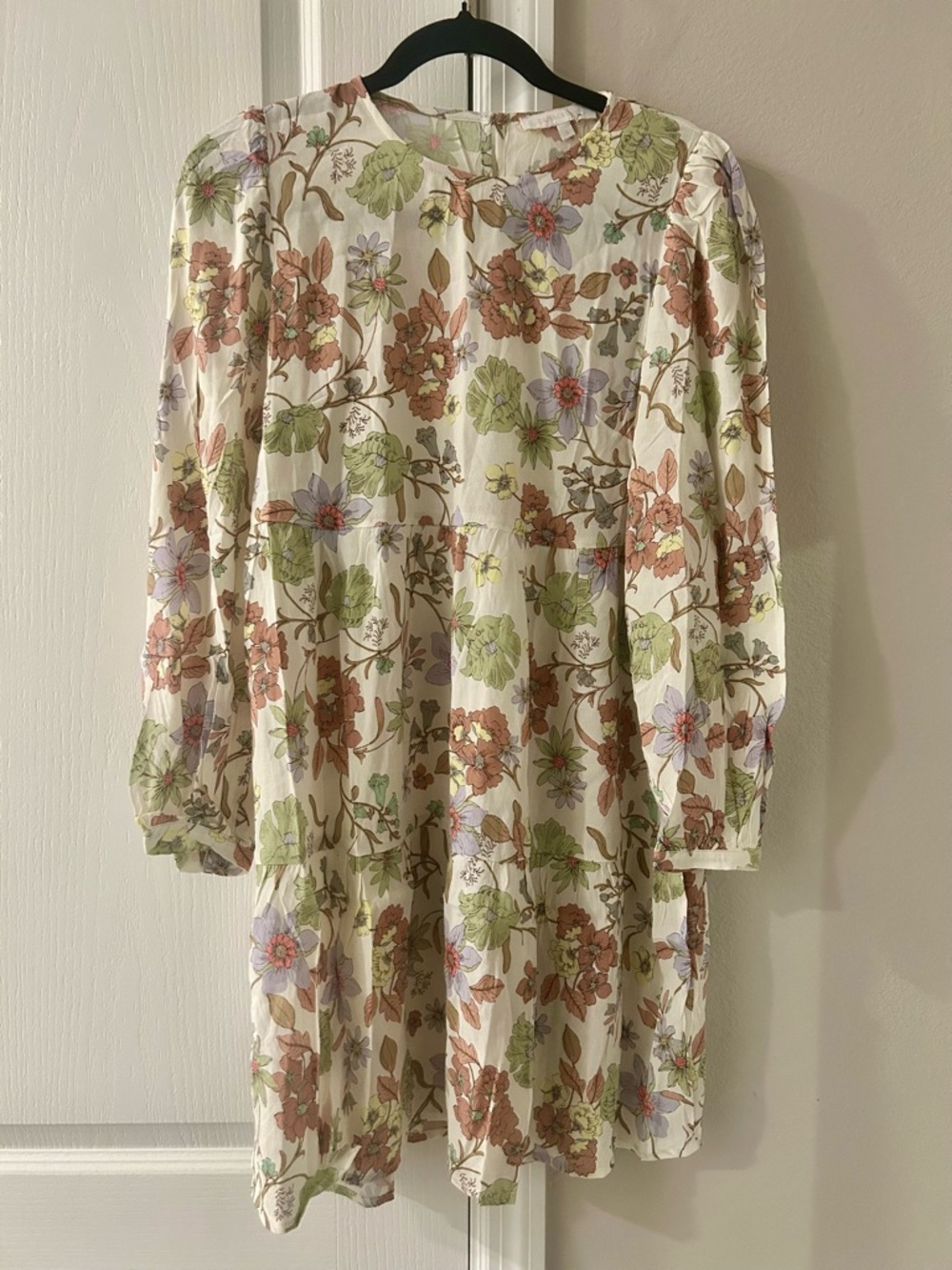 NWOT Olivaceous Cream Floral Long-Sleeve Tiered Dress with Green & Pink Accents